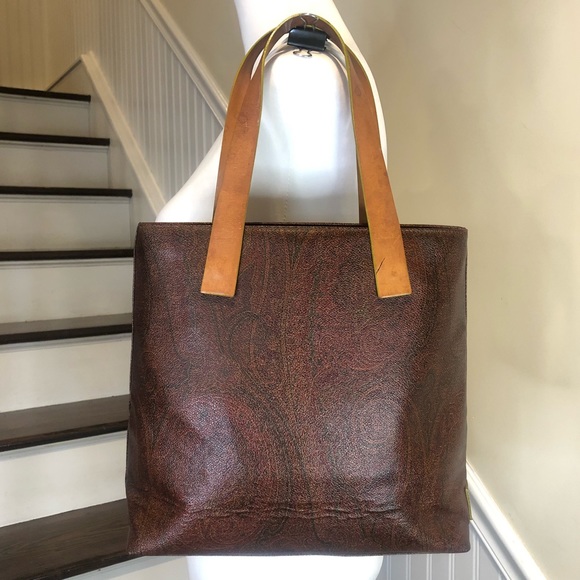 W ETRO Milano Red Paisley Vachetta Leather Tote Shoulder Bag Interior Zip Pocket - Picture 3 of 17